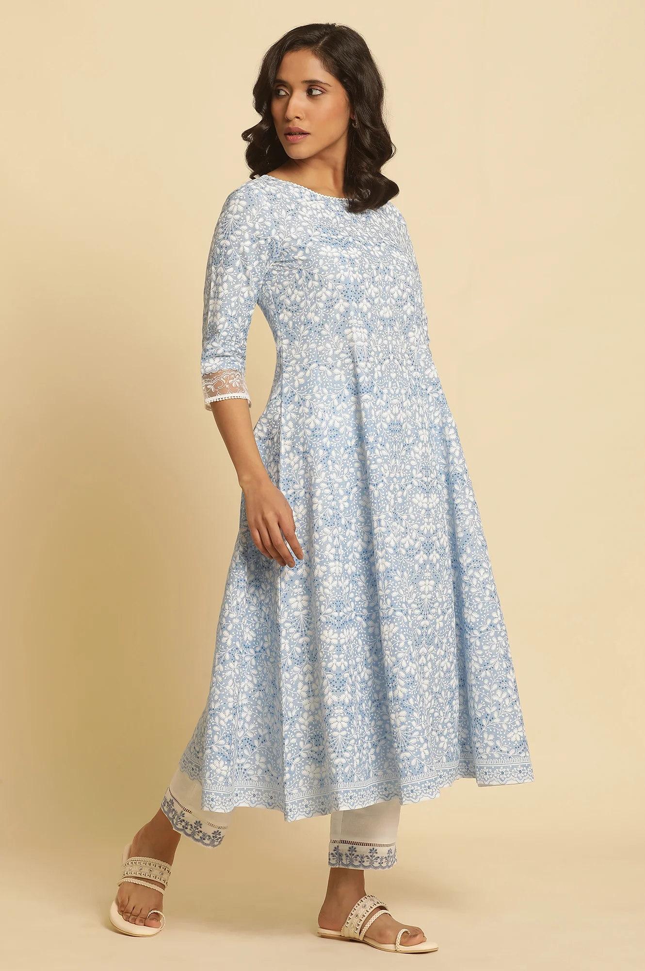 Light Blue Floral Printed Pure Cotton Anarkali Kurta - Image 5