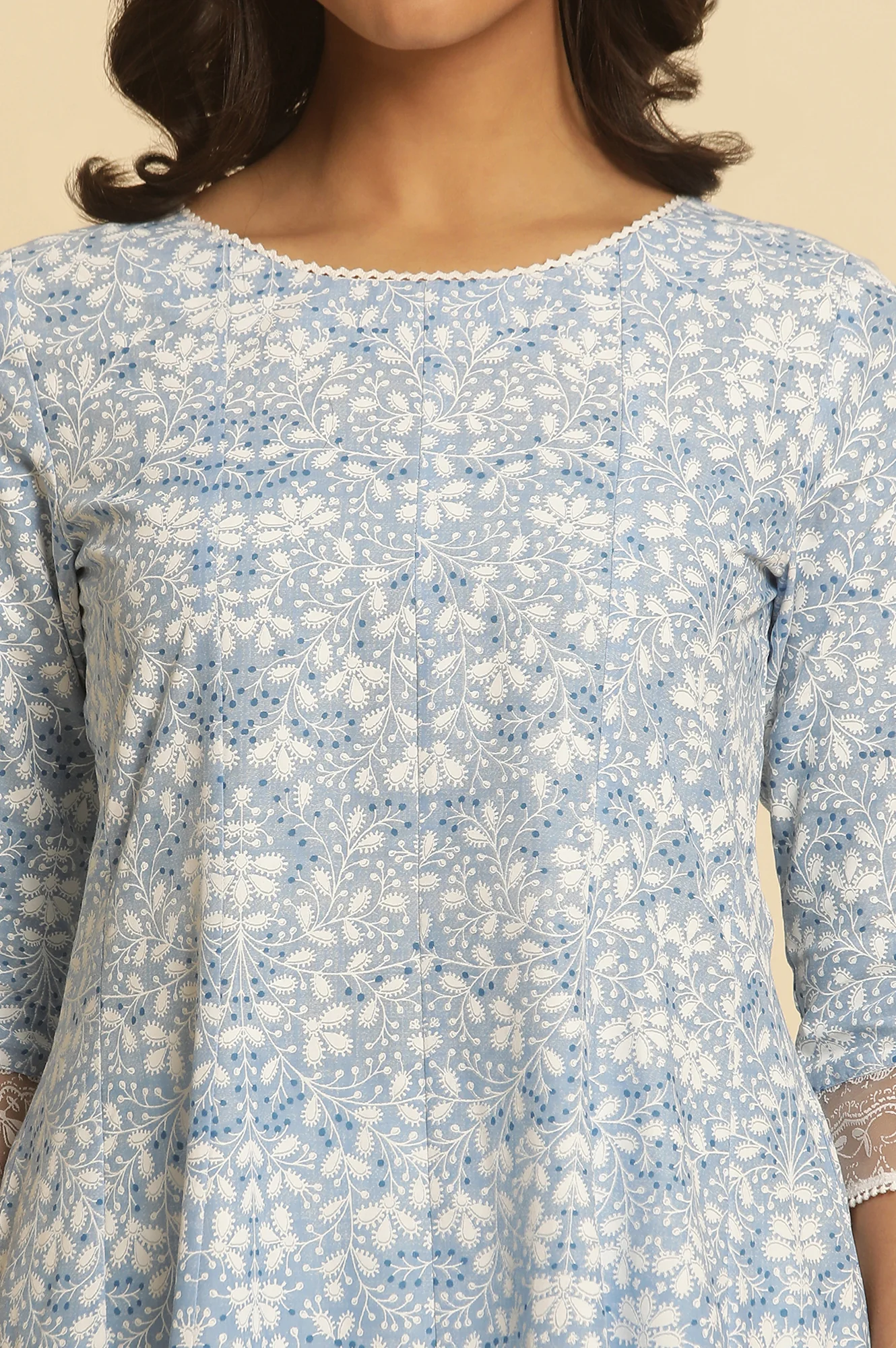 Light Blue Floral Printed Pure Cotton Anarkali Kurta - Image 6