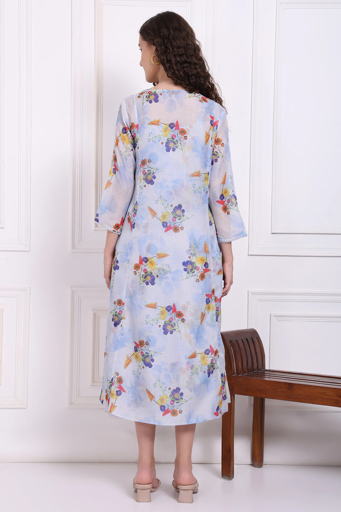 Light Blue Floral Printed Kota Spaghetti Dress and Jacket Set - Image 5