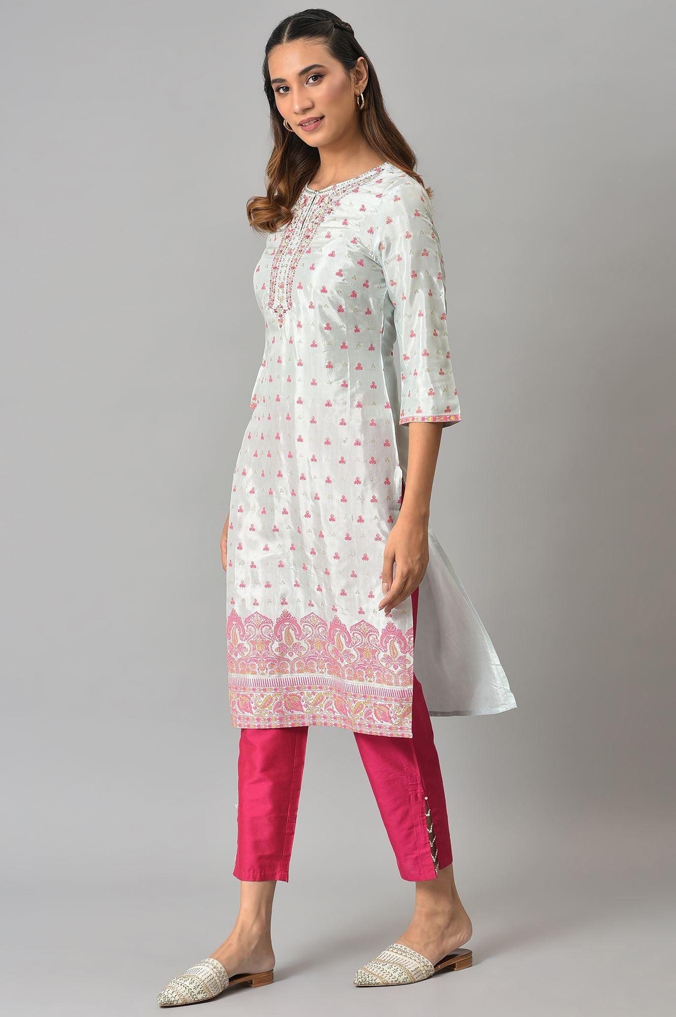Light Blue Floral Printed kurta With Embroidery - Image 3