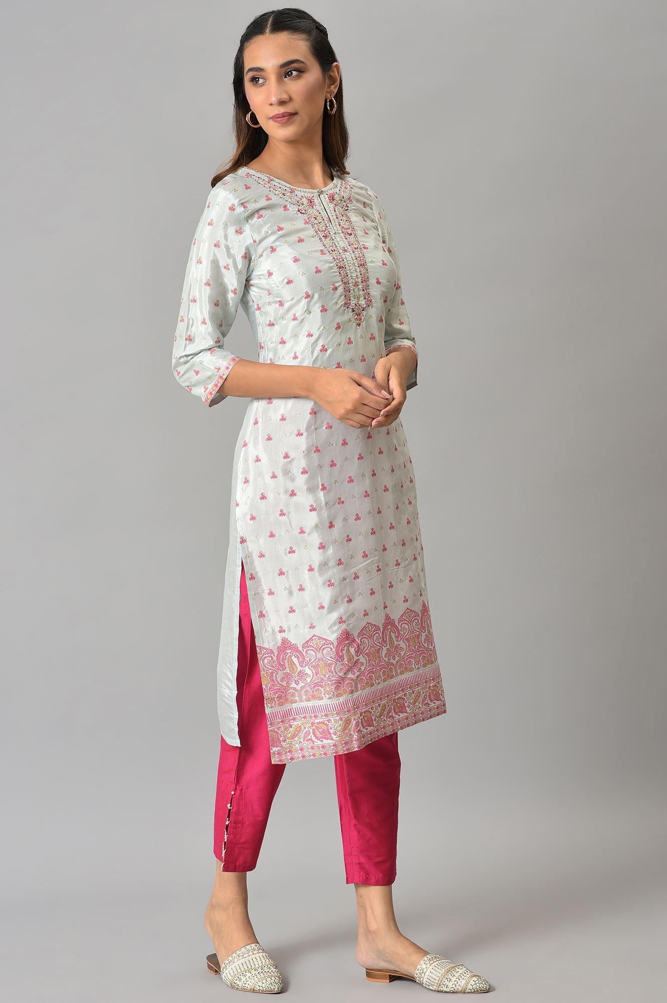 Light Blue Floral Printed kurta With Embroidery - Image 4