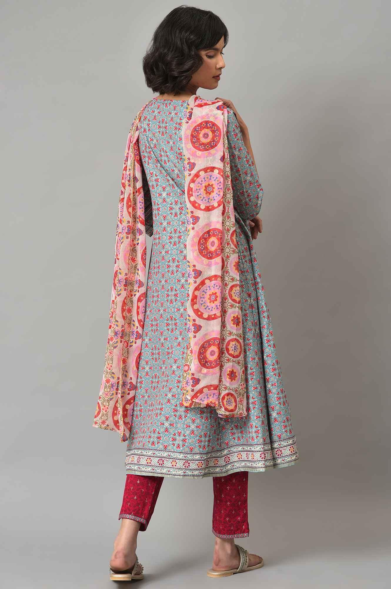 Light Blue Floral Printed kurta With Pink Slim Pants And Dupatta - Image 2