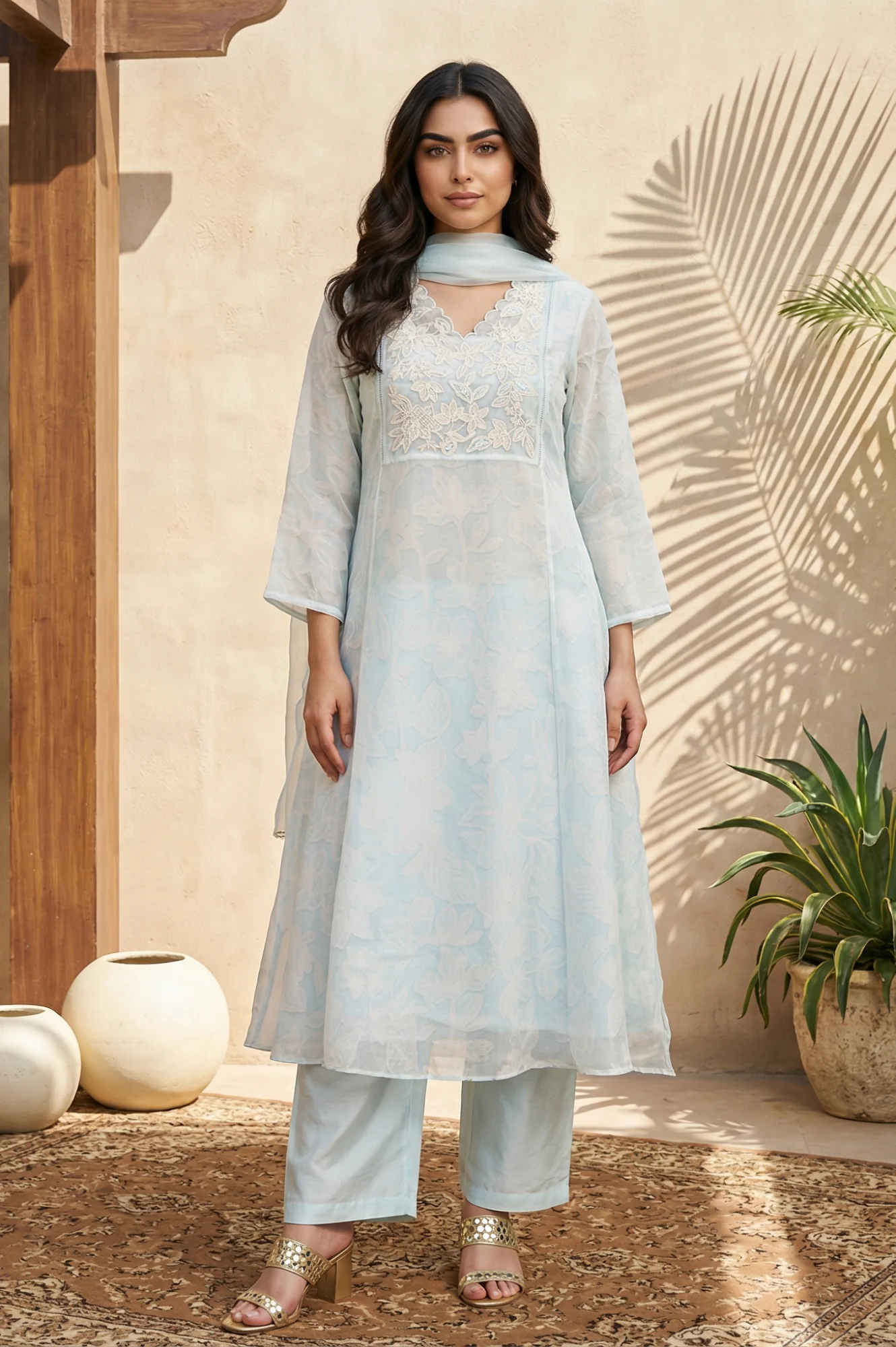 Light Blue Floral Embroidered Organza A-line Kurta with Straight Pants and Dupatta Set - Image 2