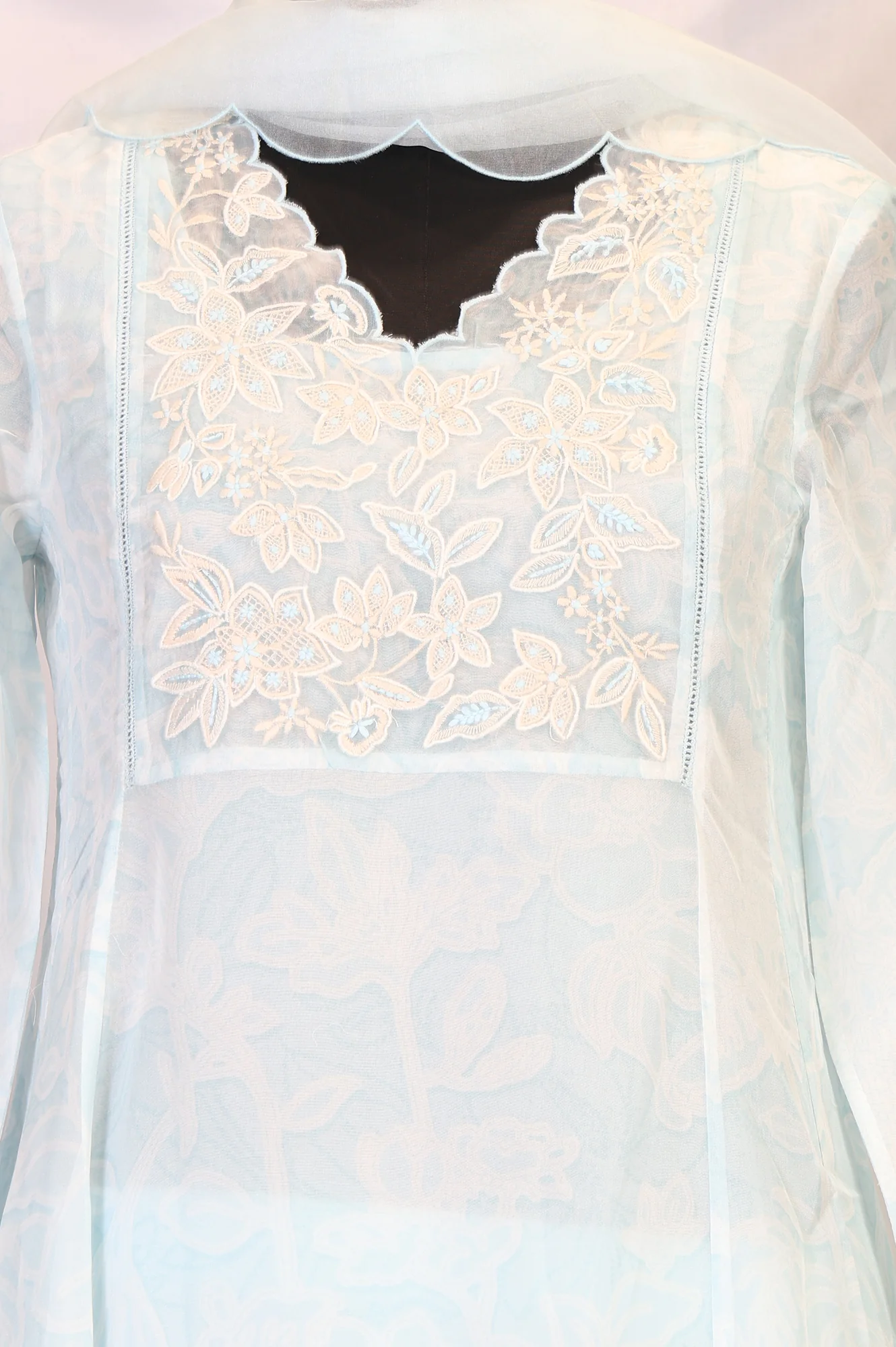 Light Blue Floral Embroidered Organza A-line Kurta with Straight Pants and Dupatta Set - Image 3