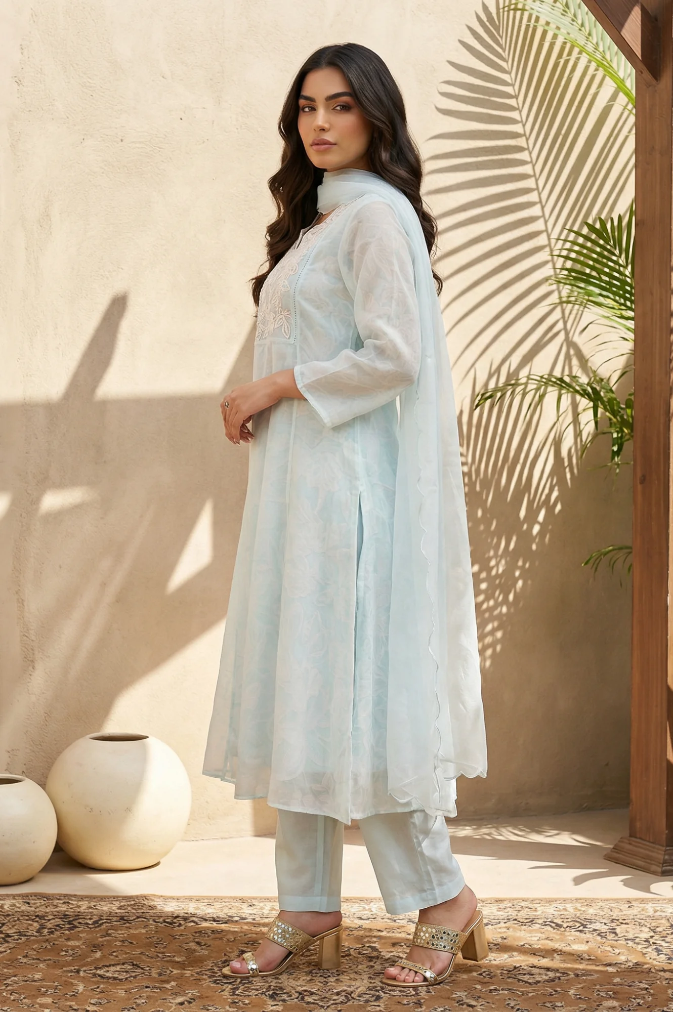 Light Blue Floral Embroidered Organza A-line Kurta with Straight Pants and Dupatta Set - Image 4
