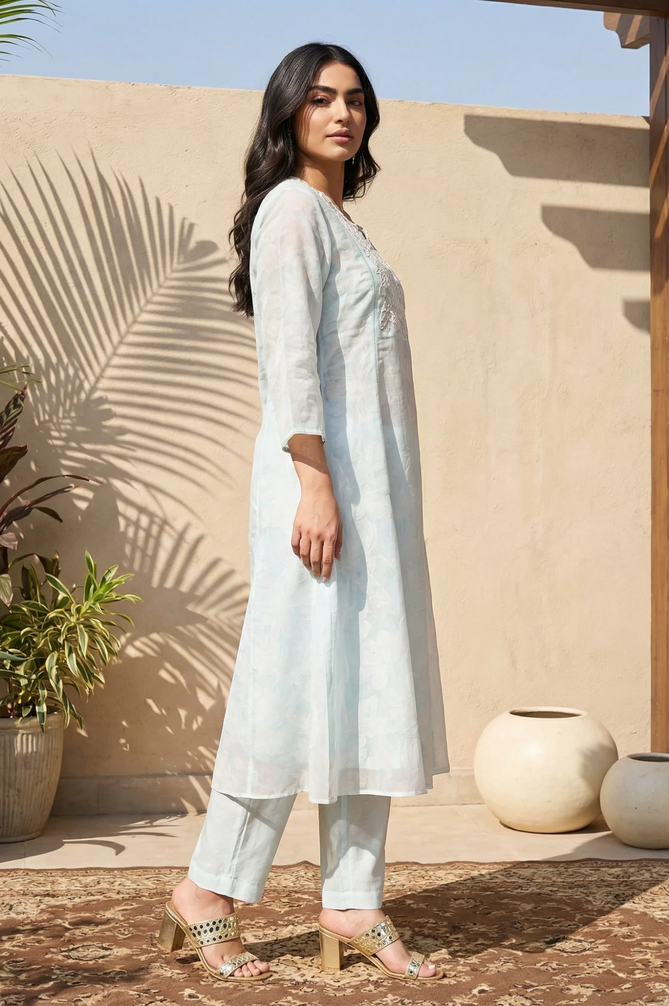 Light Blue Floral Embroidered Organza A-line Kurta with Straight Pants and Dupatta Set - Image 6