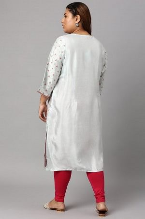Light Blue Floral Printed Plus Size Embroidered kurta with Pink Tights - Image 2