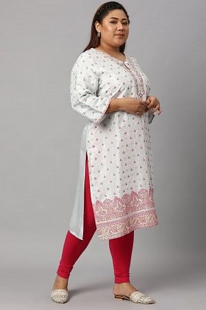 Light Blue Floral Printed Plus Size Embroidered kurta with Pink Tights - Image 3