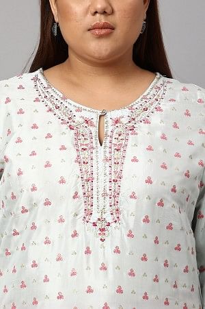 Light Blue Floral Printed Plus Size Embroidered kurta with Pink Tights - Image 4