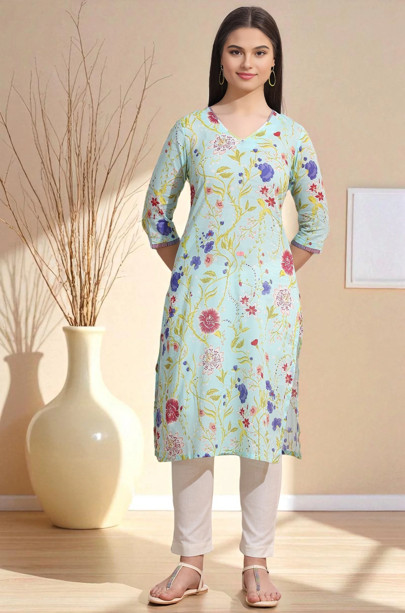 Light Blue Floral Printed Pure Cotton Straight Kurta