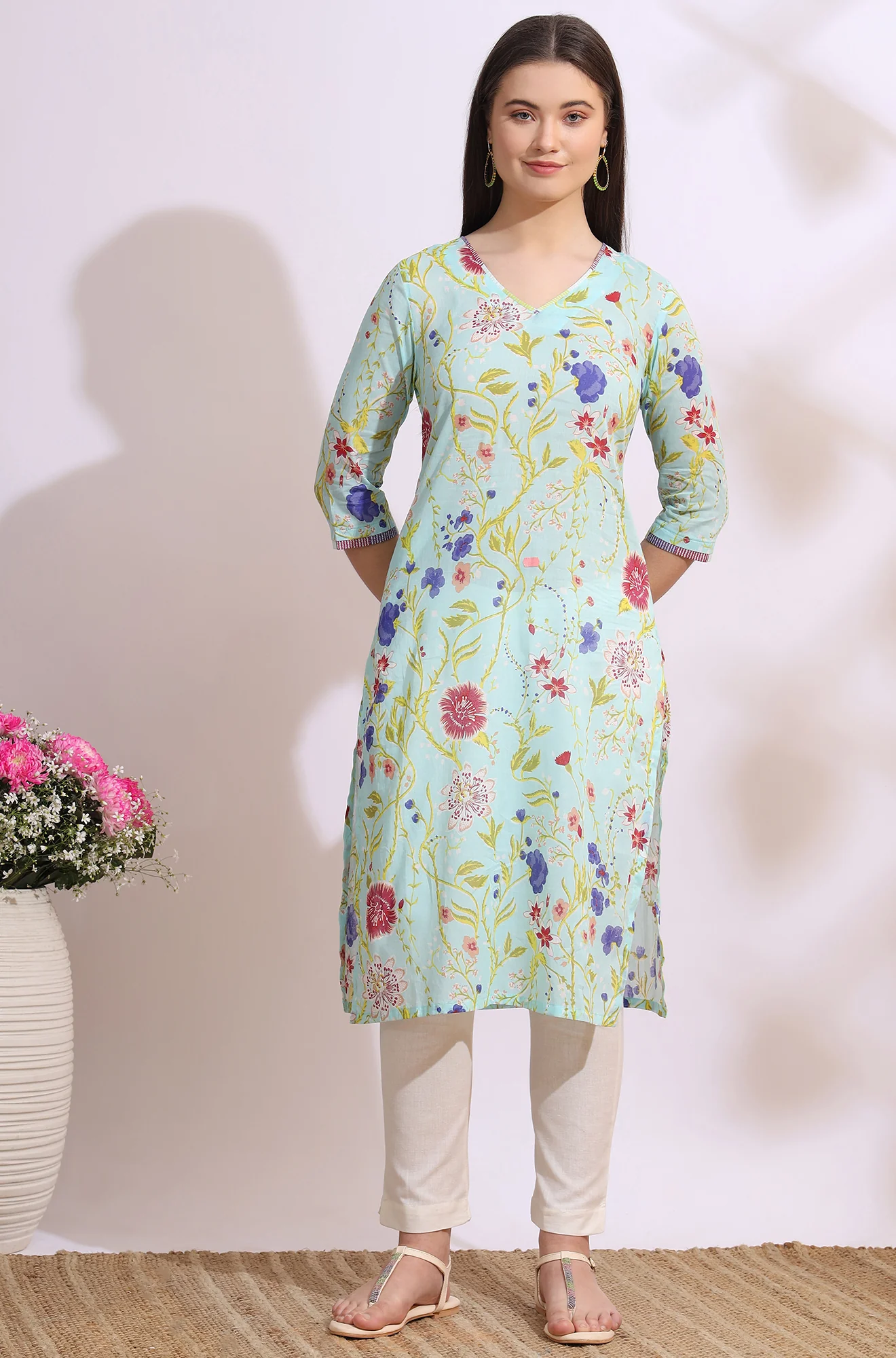 Light Blue Floral Printed Pure Cotton Straight Kurta - Image 2