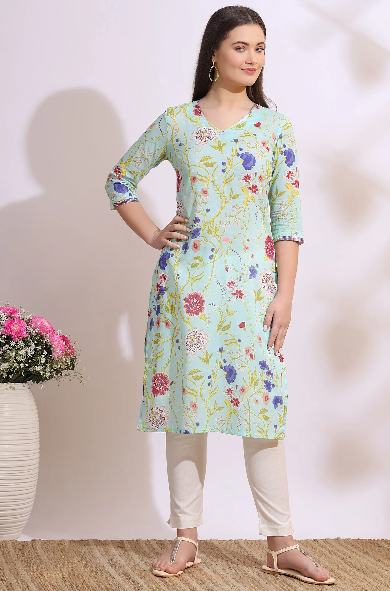 Light Blue Floral Printed Pure Cotton Straight Kurta - Image 3