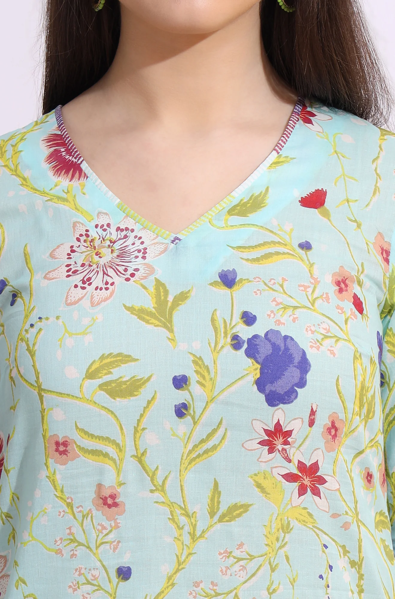 Light Blue Floral Printed Pure Cotton Straight Kurta - Image 4