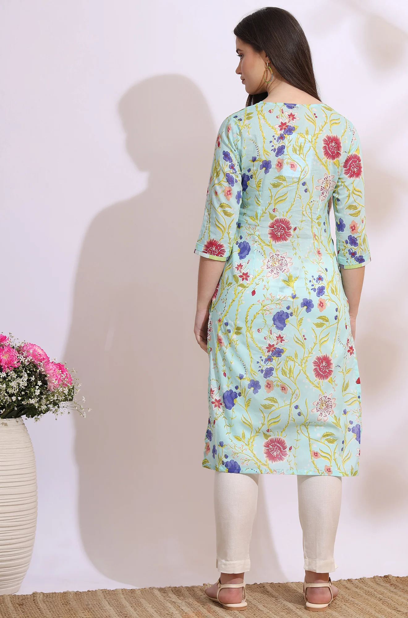 Light Blue Floral Printed Pure Cotton Straight Kurta - Image 6