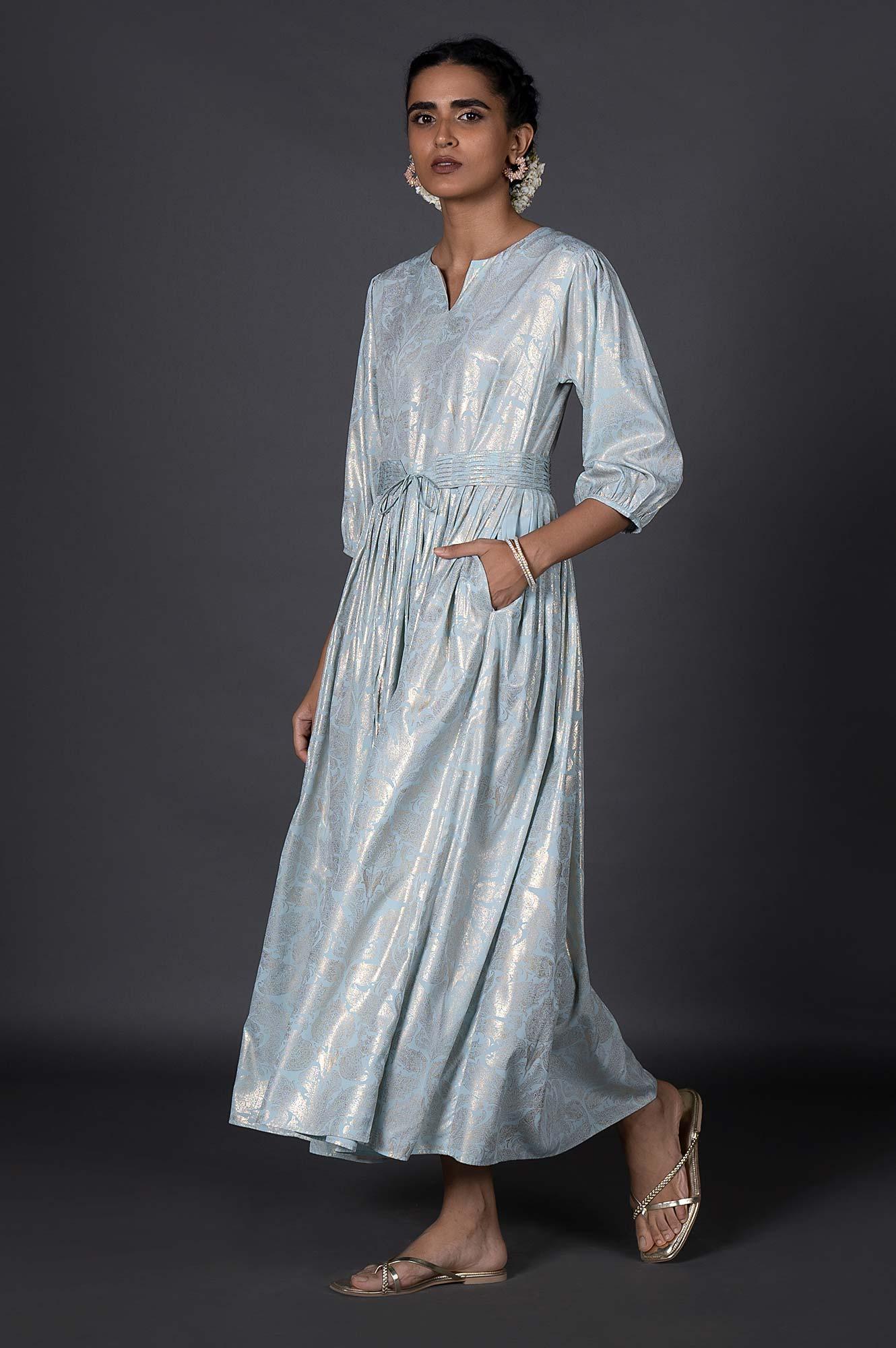 Light Blue Foil Printed Pleated Dress With Belt - Image 3