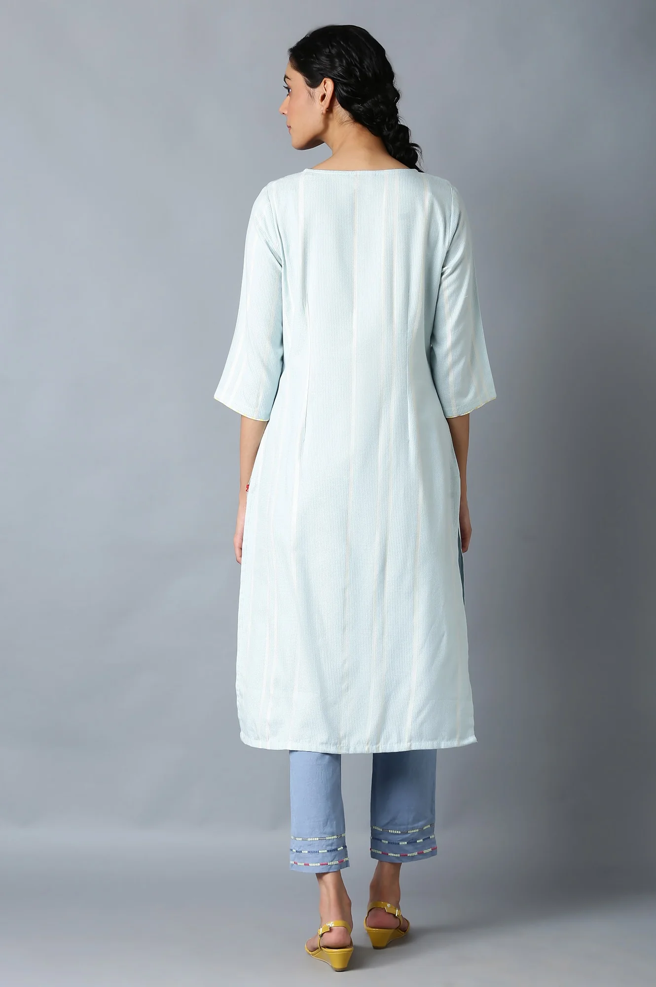 Light Blue Geometric Printed Rayon Dobby Straight Kurta with Slim Pant Set - Image 2