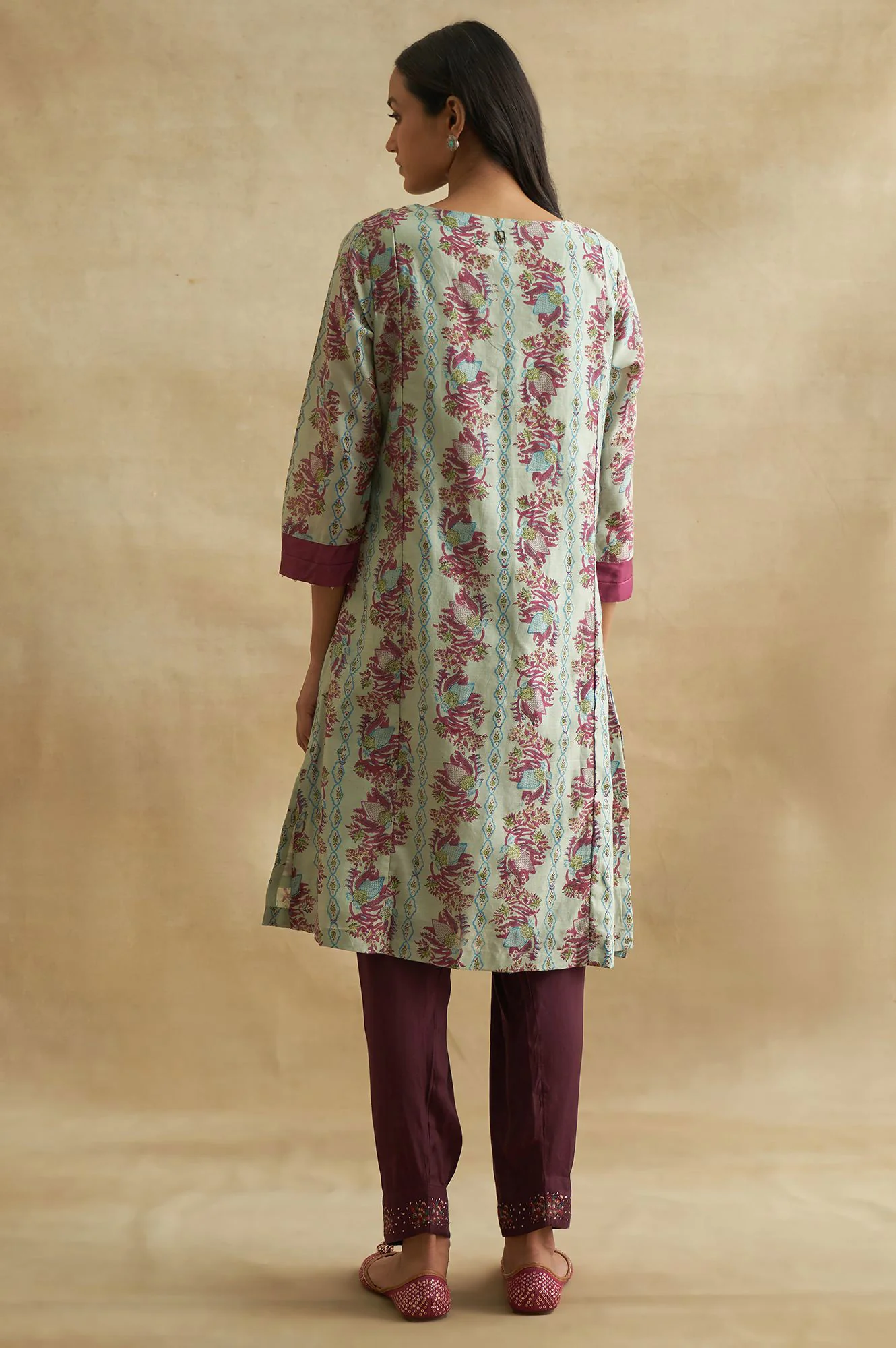 Light Blue Handblock Print Cotton Silk kurta - Image 2