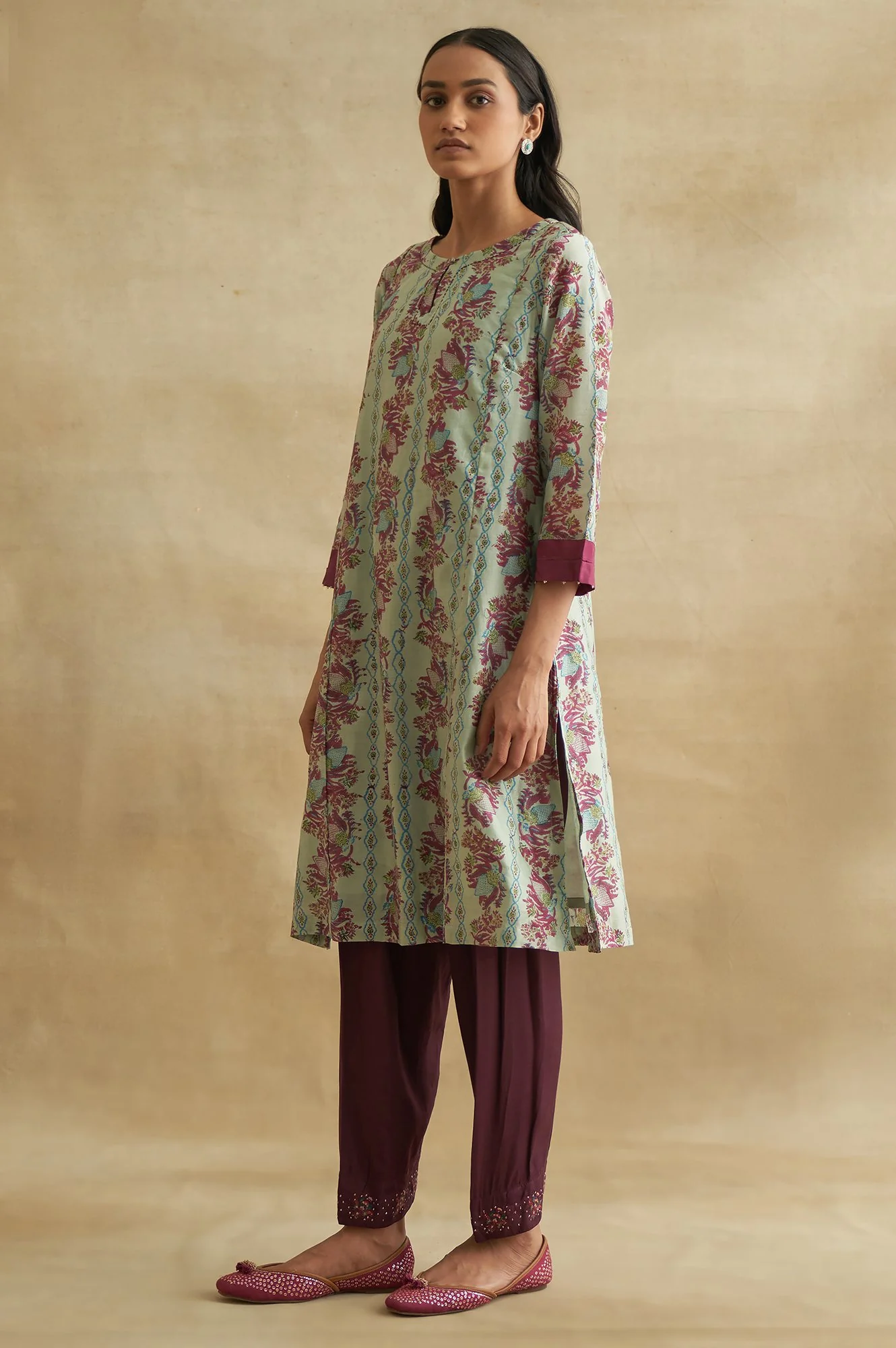 Light Blue Handblock Print Cotton Silk kurta - Image 3