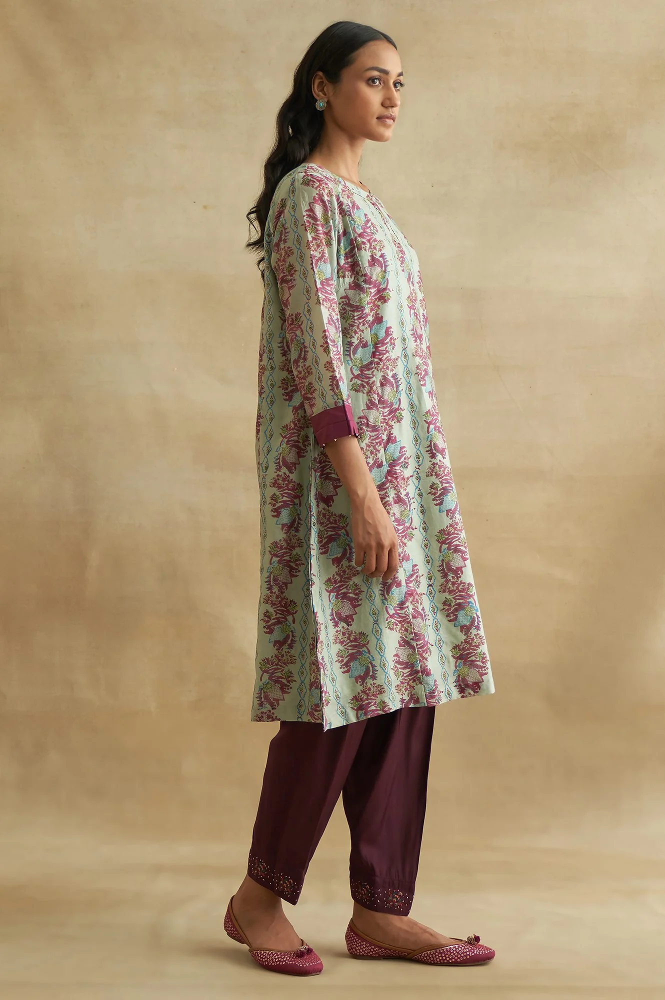 Light Blue Handblock Print Cotton Silk kurta - Image 4