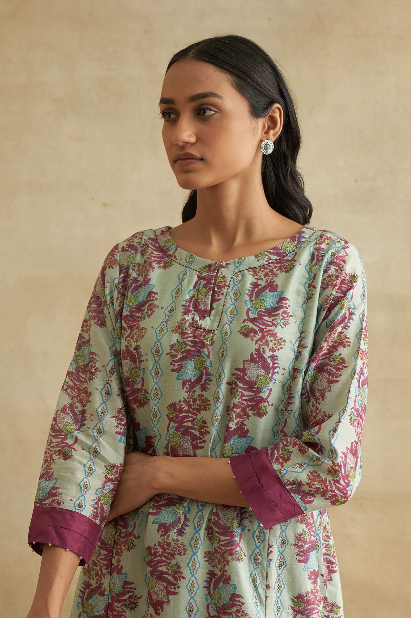 Light Blue Handblock Print Cotton Silk kurta - Image 5