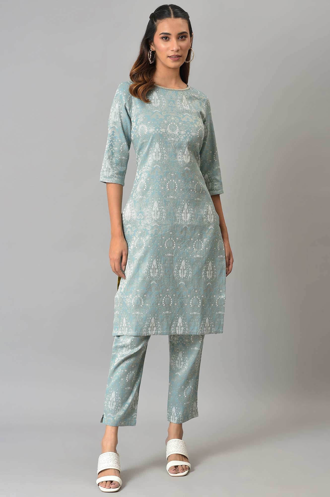 Light Blue Jacquard kurta And Pants Co-Ord Set - Image 8