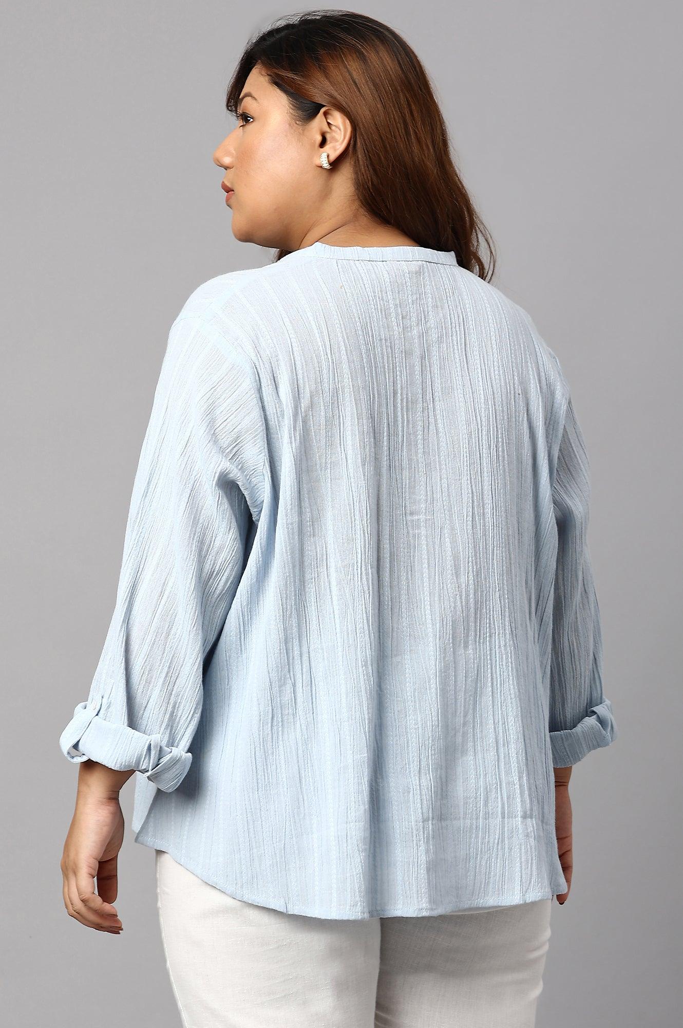 Light Blue Mandarin Collar Plus Size Top - Image 2