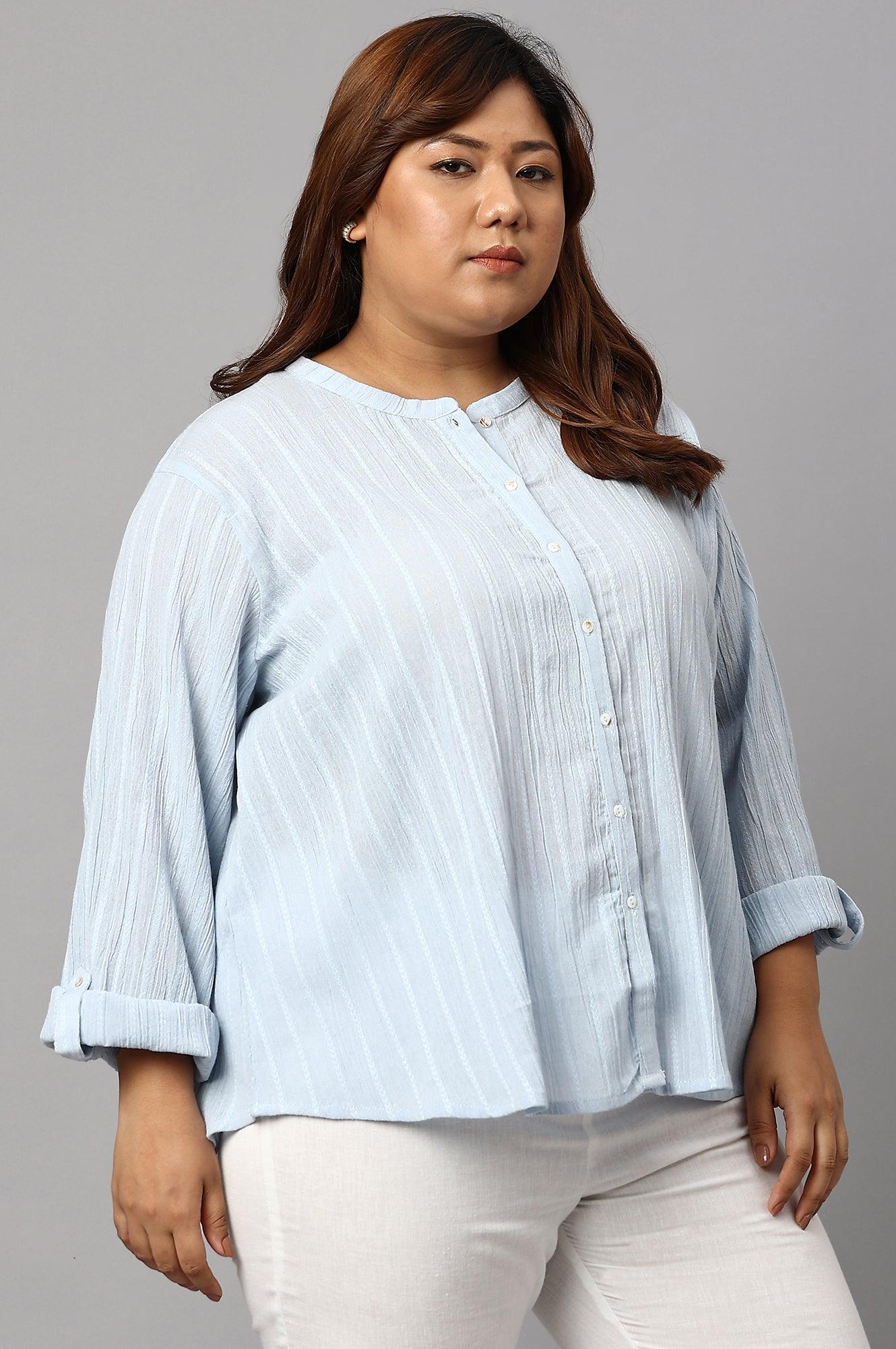 Light Blue Mandarin Collar Plus Size Top - Image 4