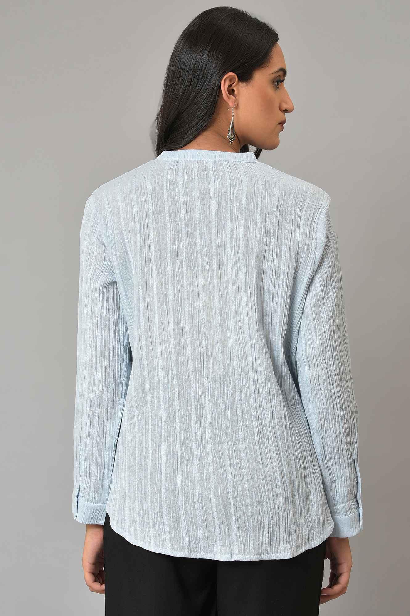 Light Blue Mandarin Collar Top - Image 2