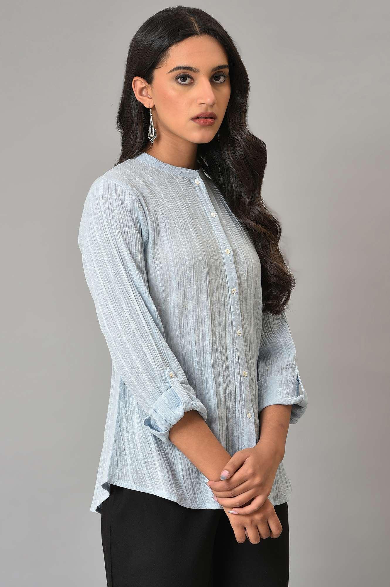 Light Blue Mandarin Collar Top - Image 4