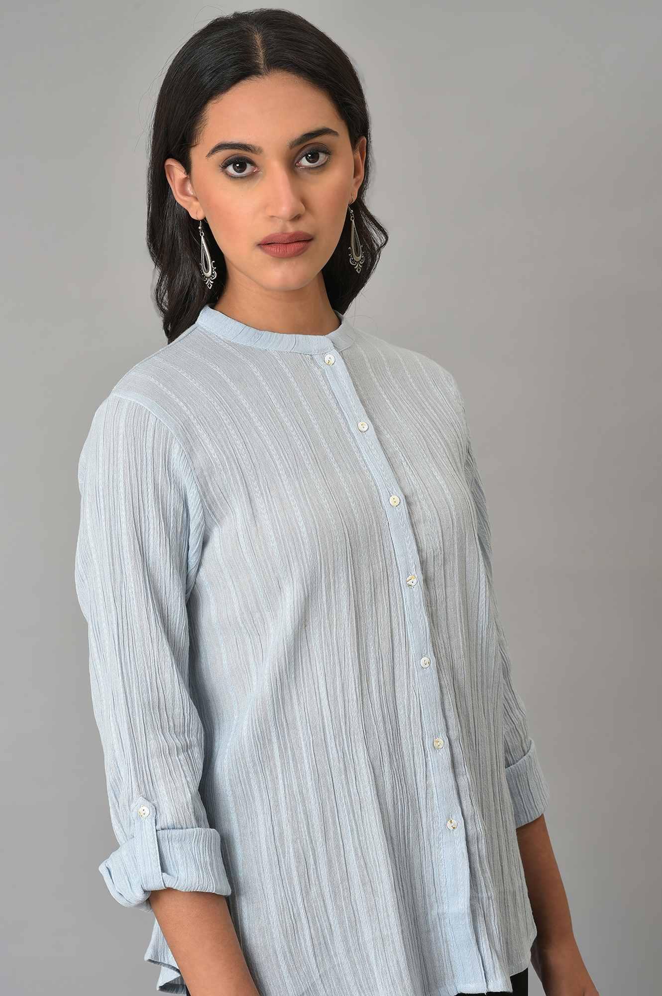 Light Blue Mandarin Collar Top - Image 5