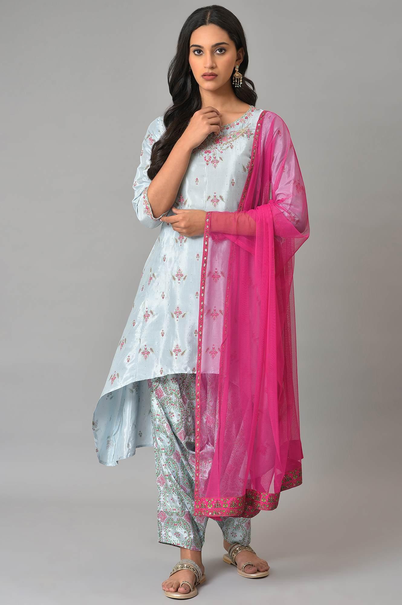 Light Blue Paisley Print High-Low kurta With Draped Pants And Pink Dupatta - Image 10