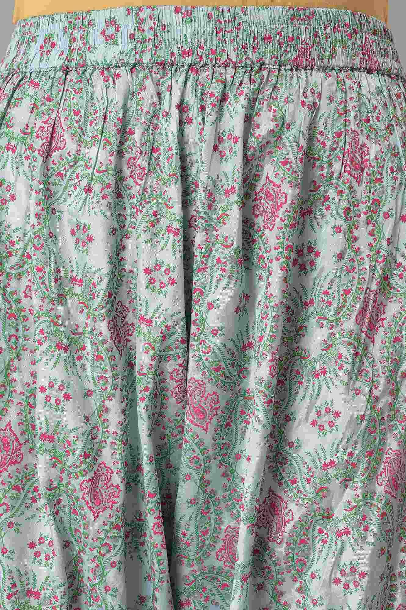 Light Blue Paisley Print High-Low kurta With Draped Pants And Pink Dupatta - Image 6