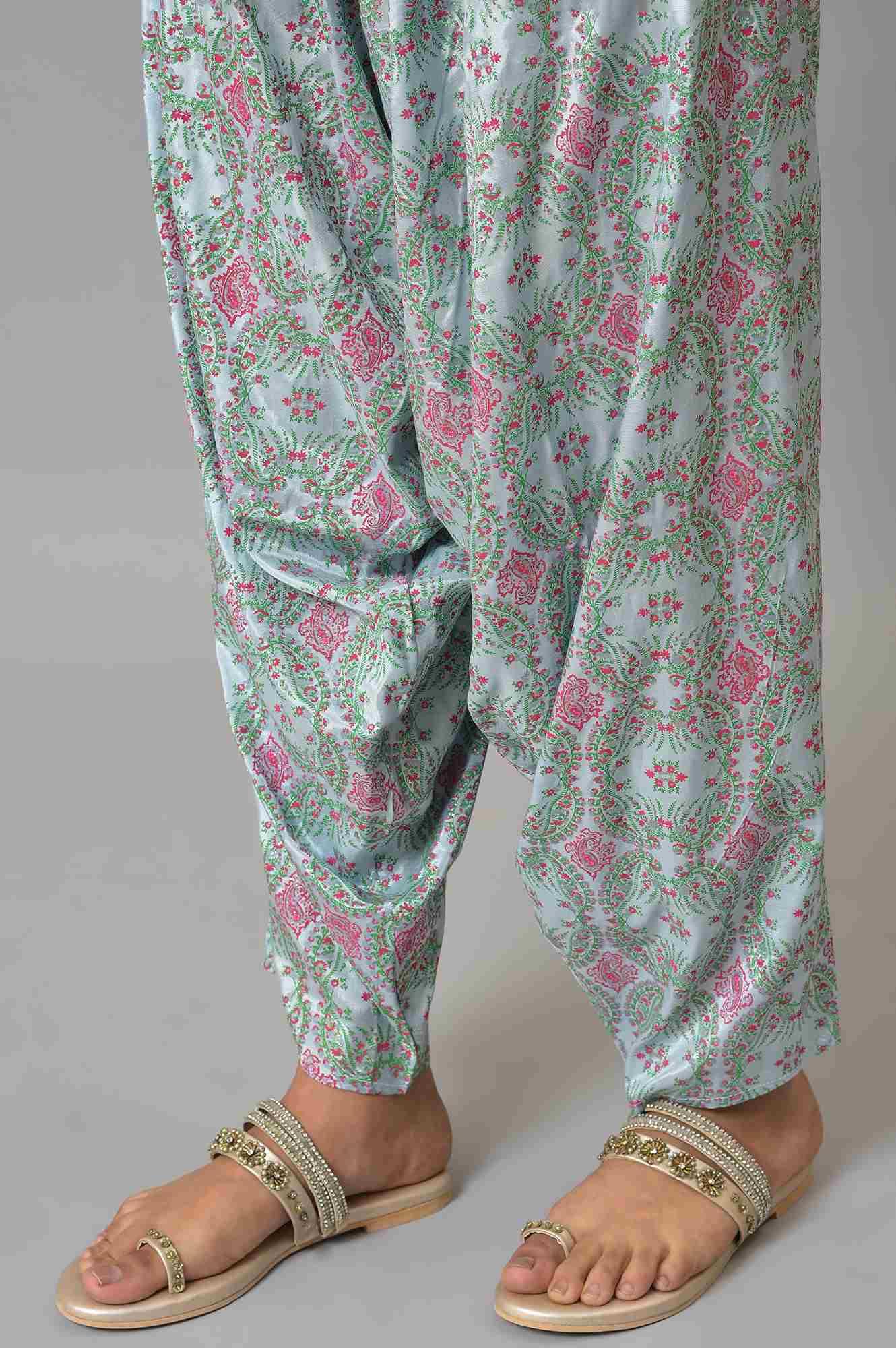 Light Blue Paisley Print High-Low kurta With Draped Pants And Pink Dupatta - Image 8