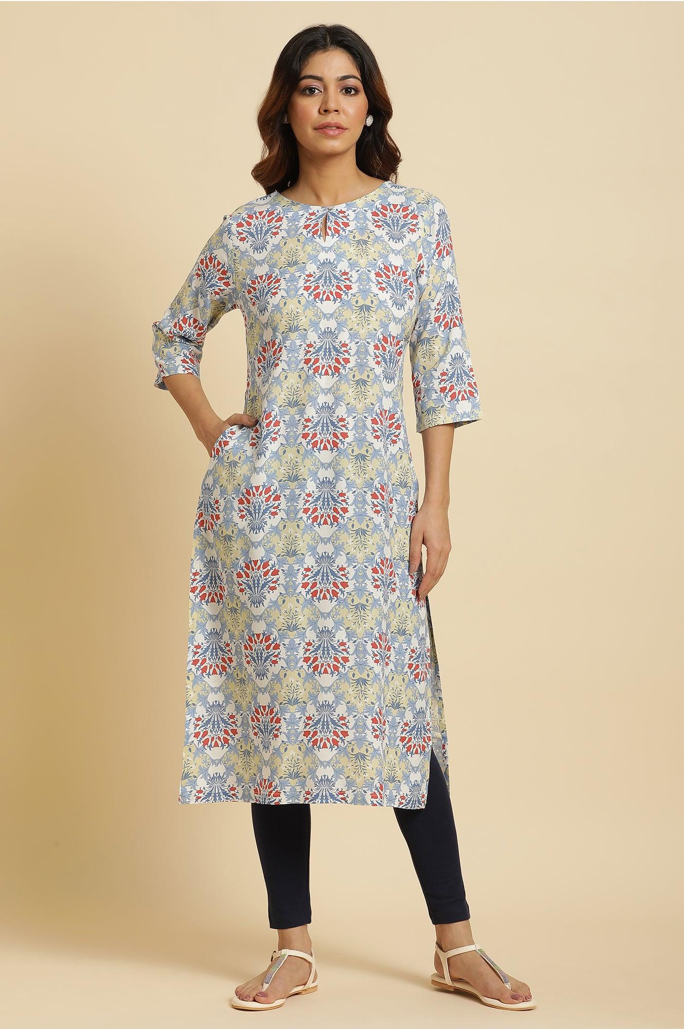 Light Blue Print Mix Rayon Kurta - Image 2