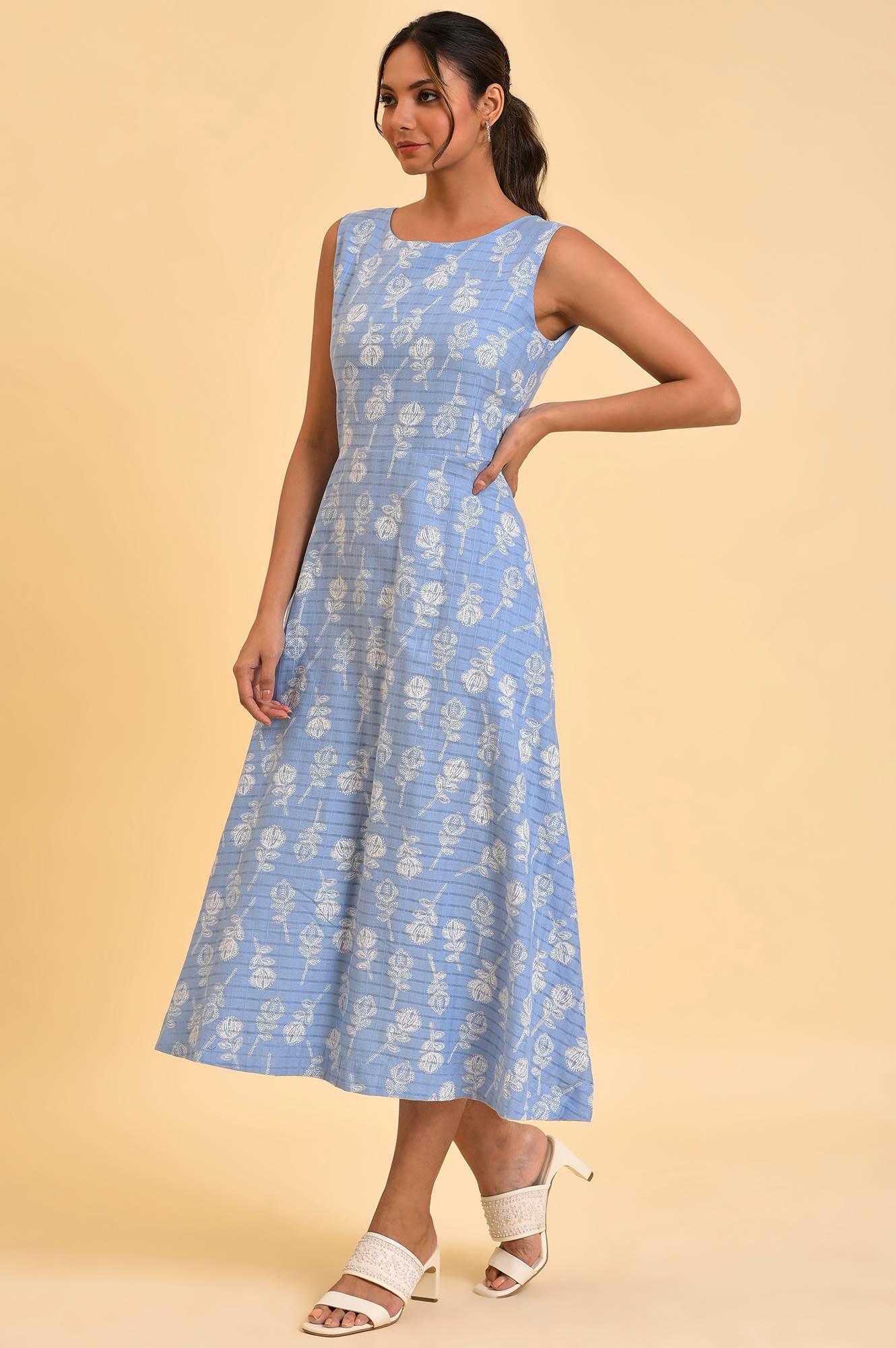 Light Blue Printed Cotton Vacation Dress - Image 3