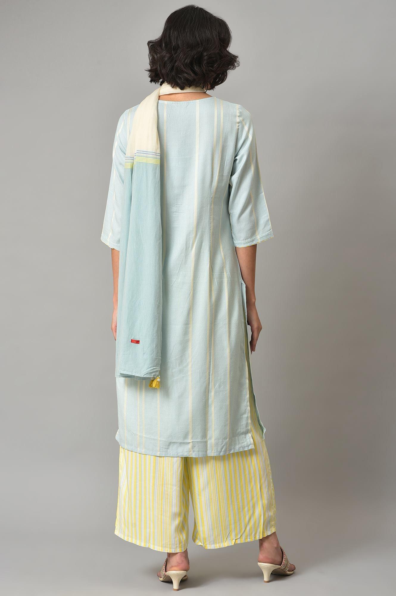 Light Blue Printed Kurta, Pants And Dupatta Set - Image 2
