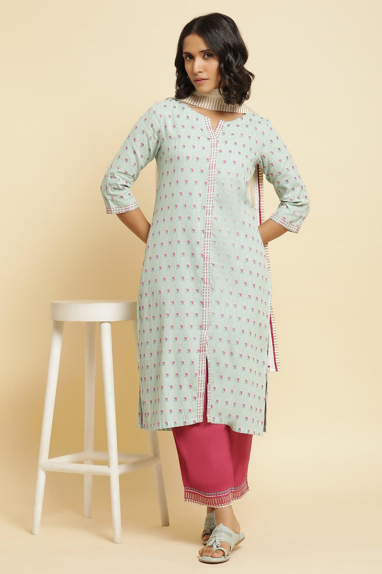 Light Blue Printed Kurta, Parallel Pants & Dupatta