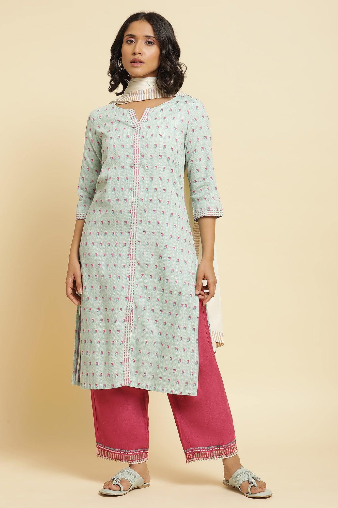 Light Blue Printed Kurta, Parallel Pants & Dupatta - Image 2