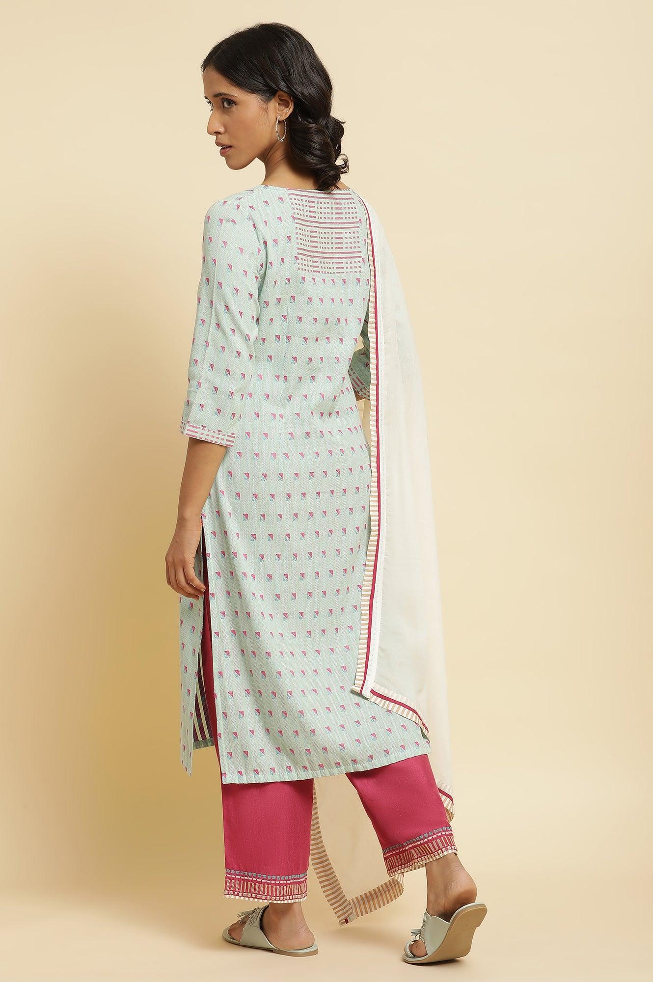 Light Blue Printed Kurta, Parallel Pants & Dupatta - Image 4