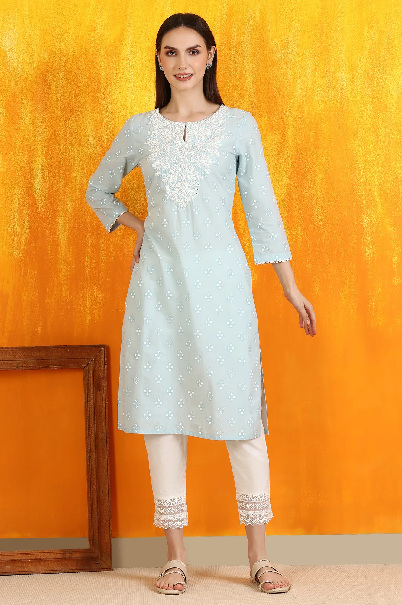 Light Blue Printed Pure Cotton Straight Kurta with Embroidery - Image 3