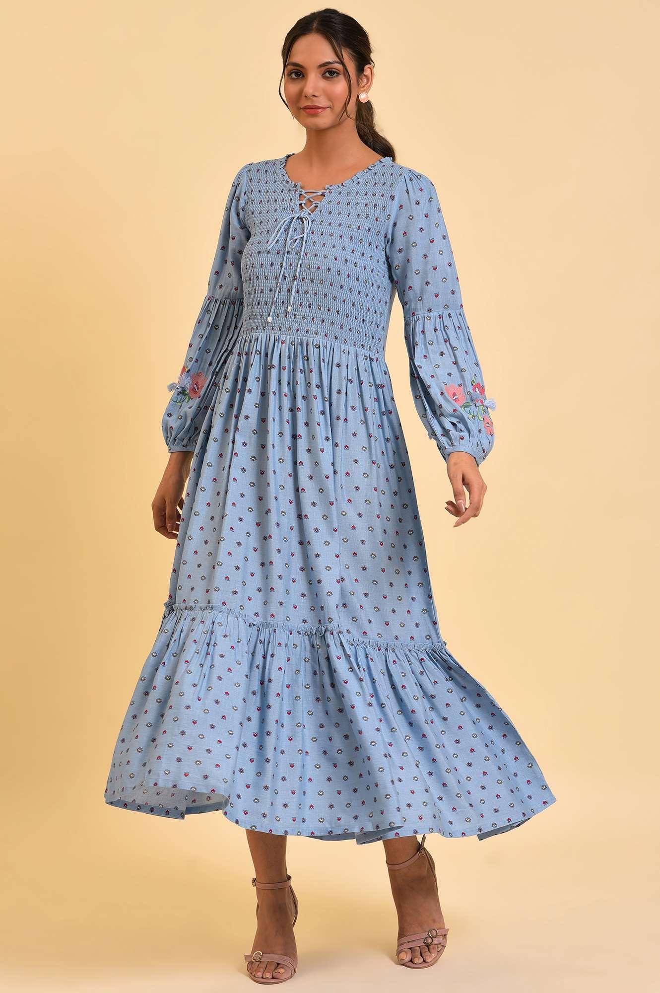 Light Blue Printed Tiered Long Dress - Image 6