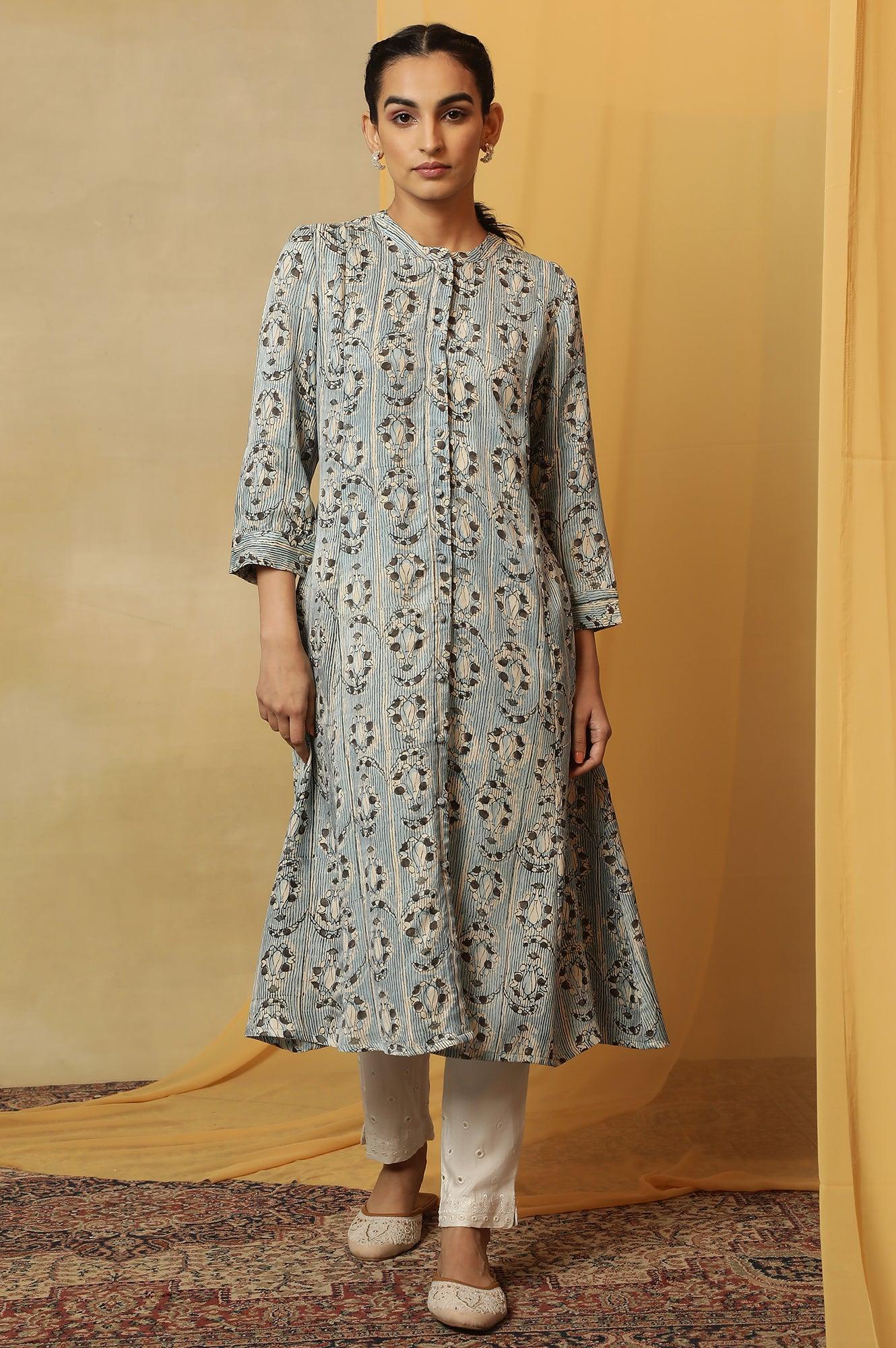 Light Blue Shirt Dress Kurta In Shiny Satin - Image 2