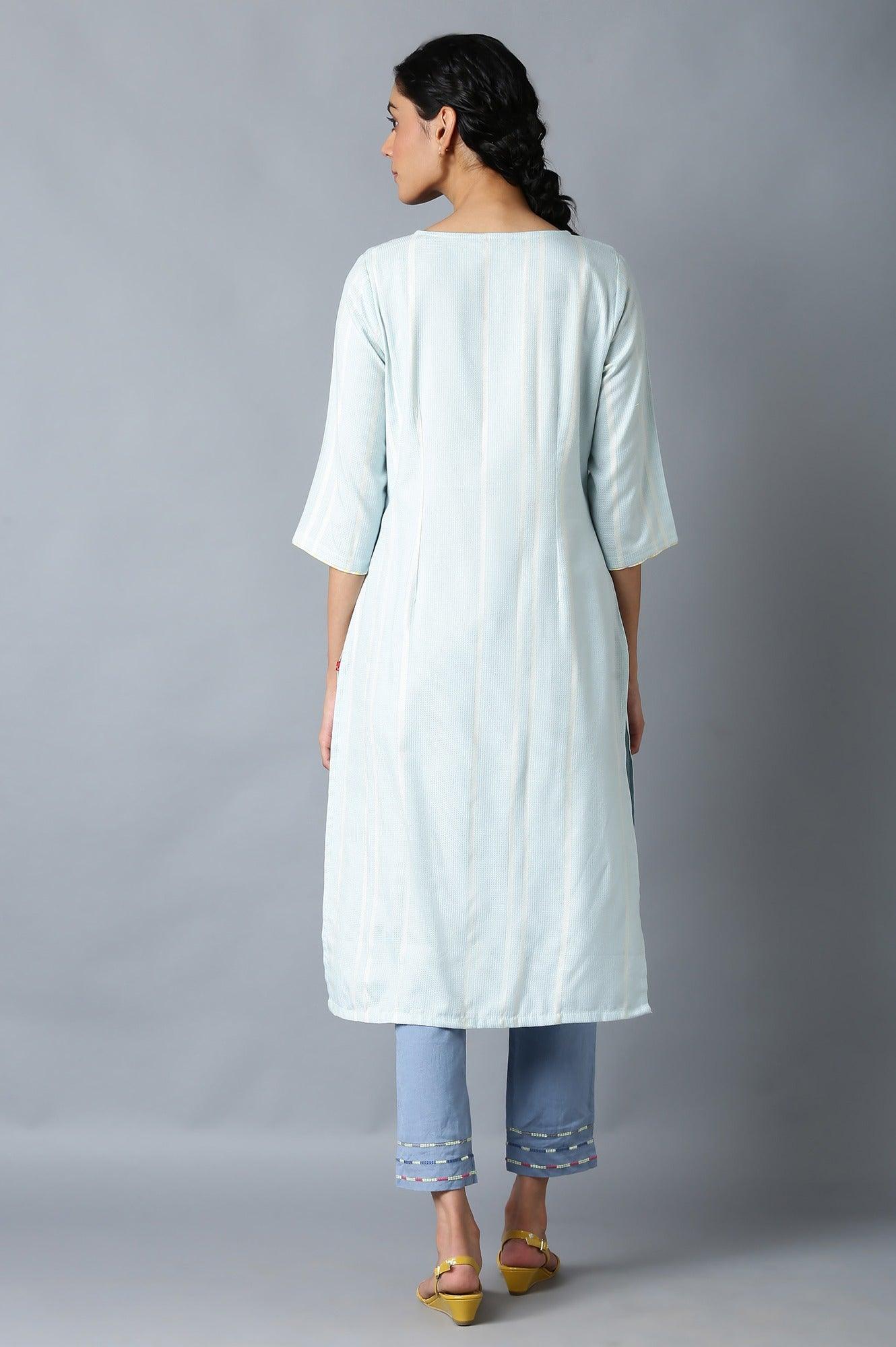 Light Blue Yarn-Dyed kurta In Round Neck - Image 2