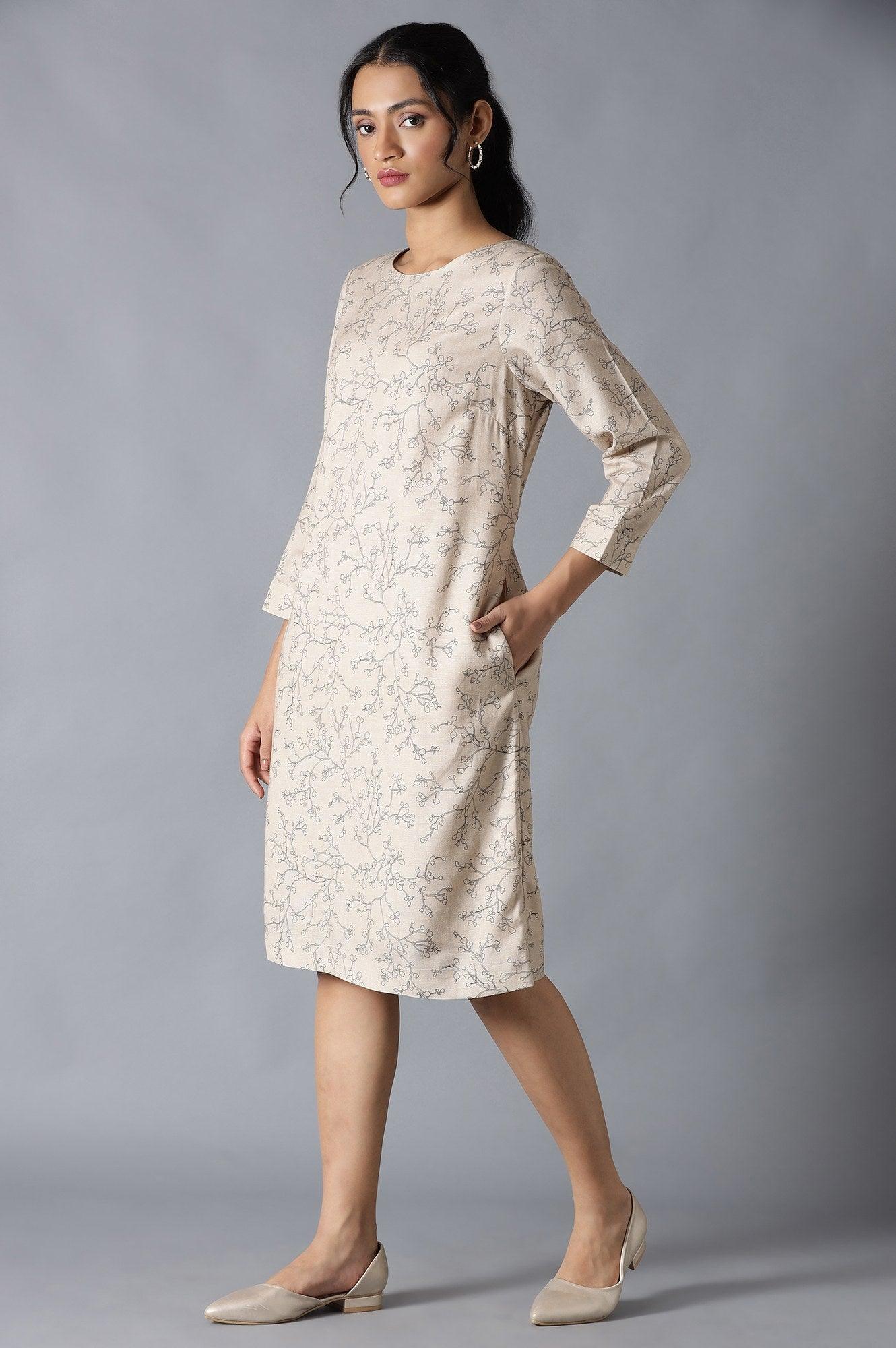 Light Brown Flora Print Dress In Round Neck - Image 3