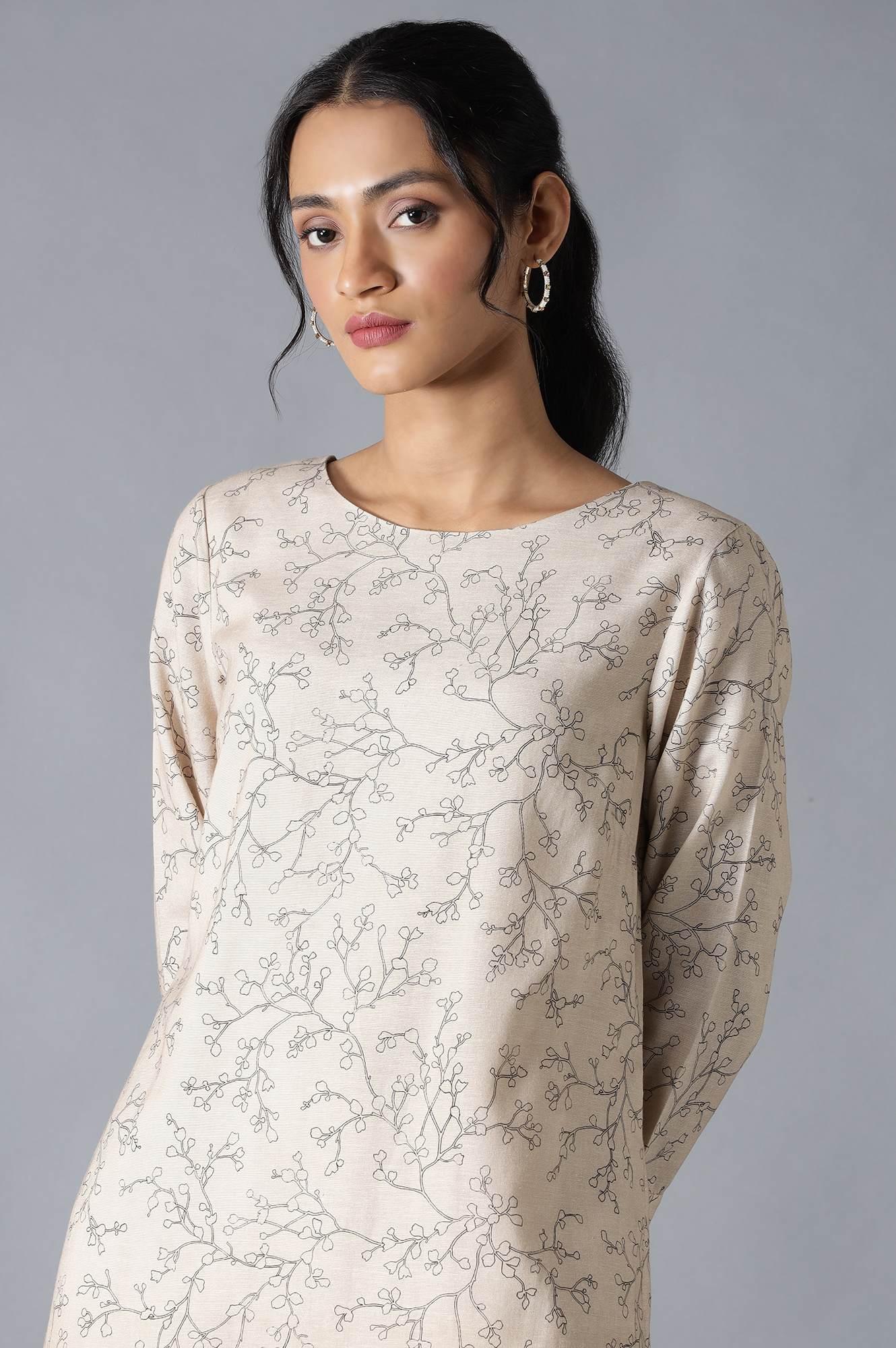 Light Brown Flora Print Dress In Round Neck - Image 5