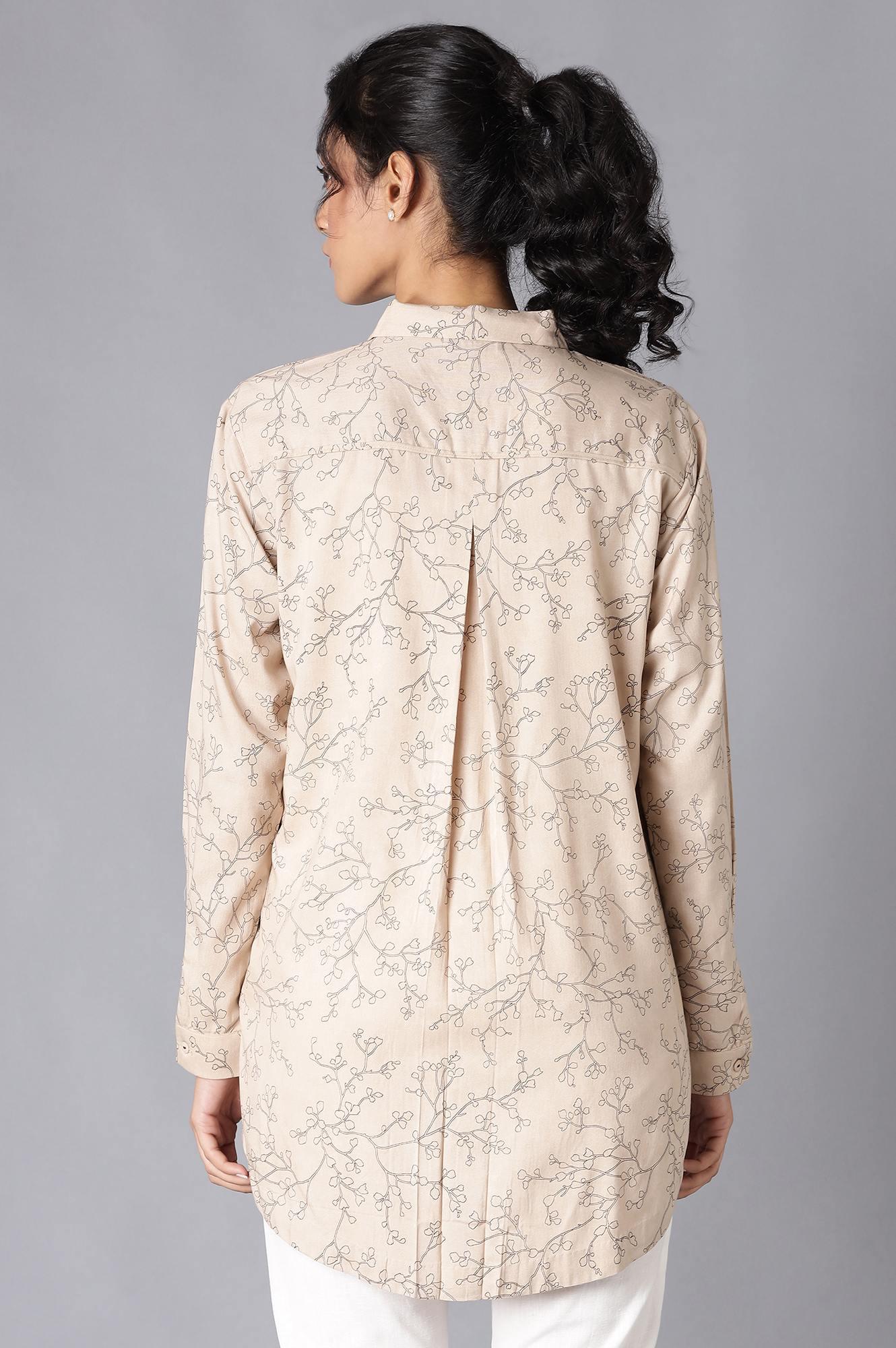 Light Brown Floral Print High-Low Shirt - Image 2