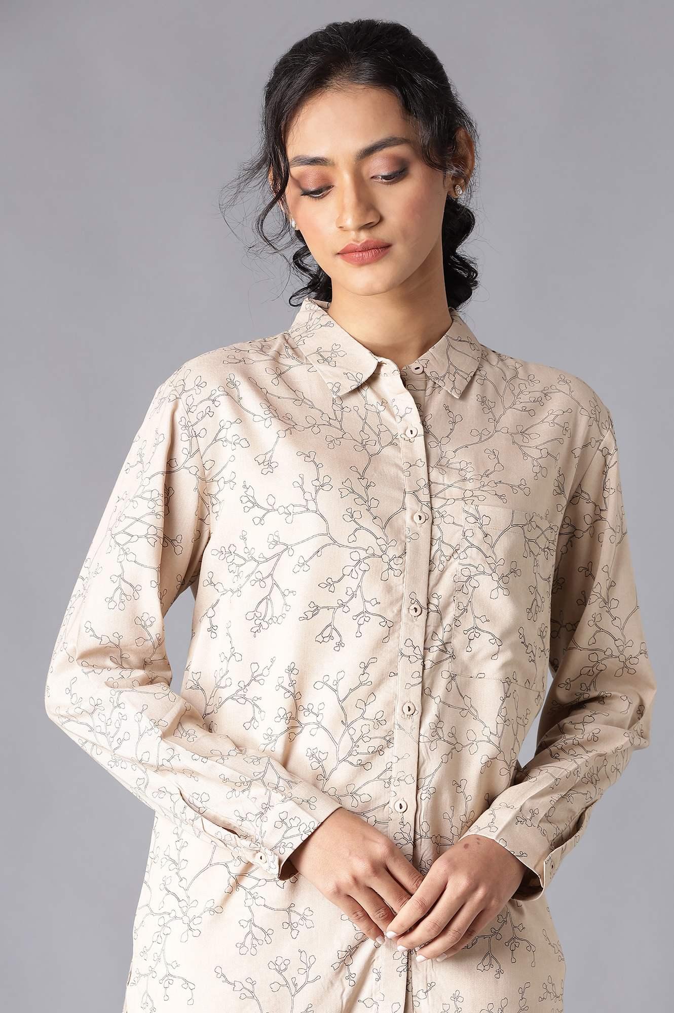 Light Brown Floral Print High-Low Shirt - Image 5