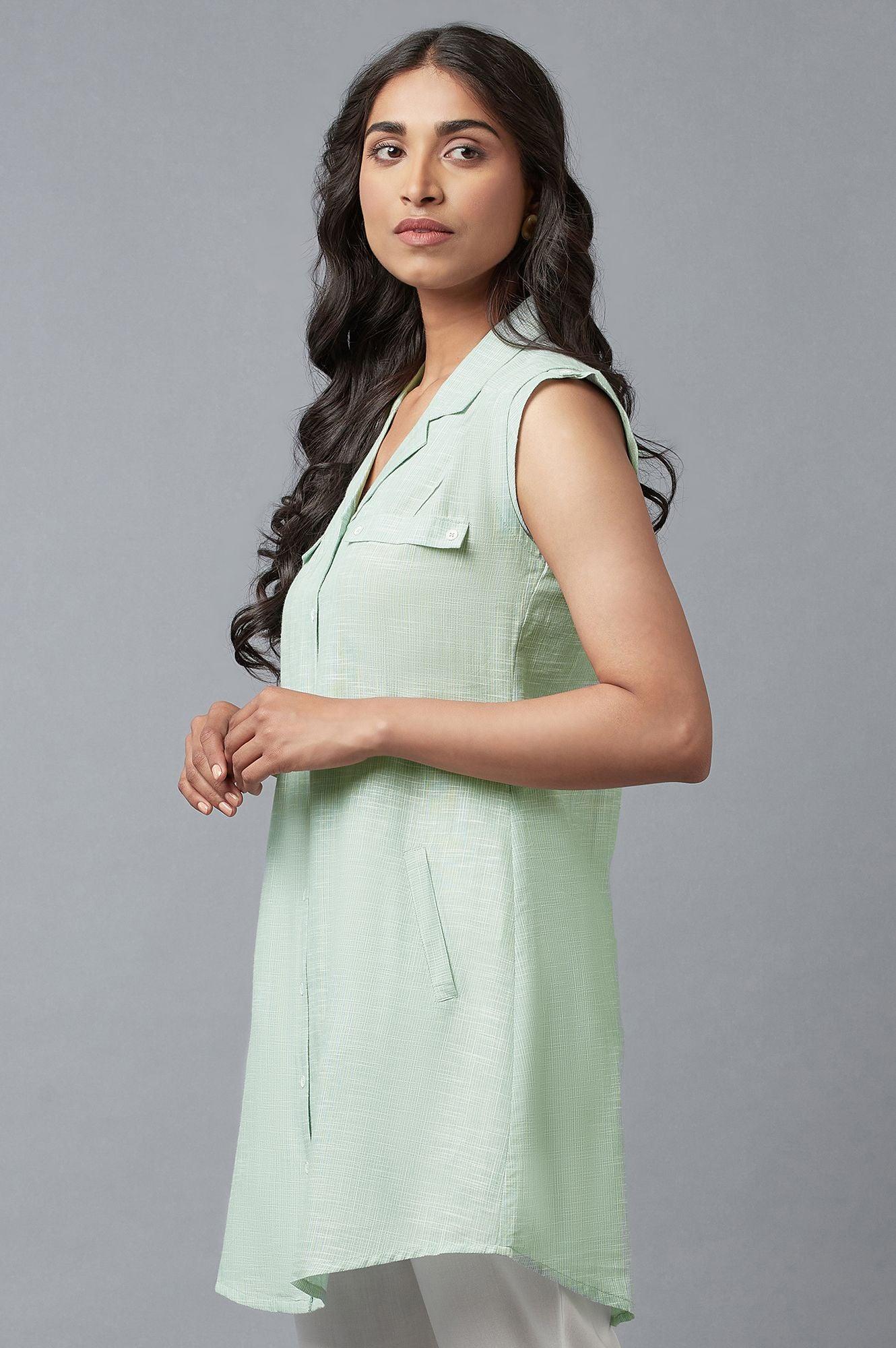 Light Green And Ecru Stripe Print Cotton Sleeveless Tunic - Image 2