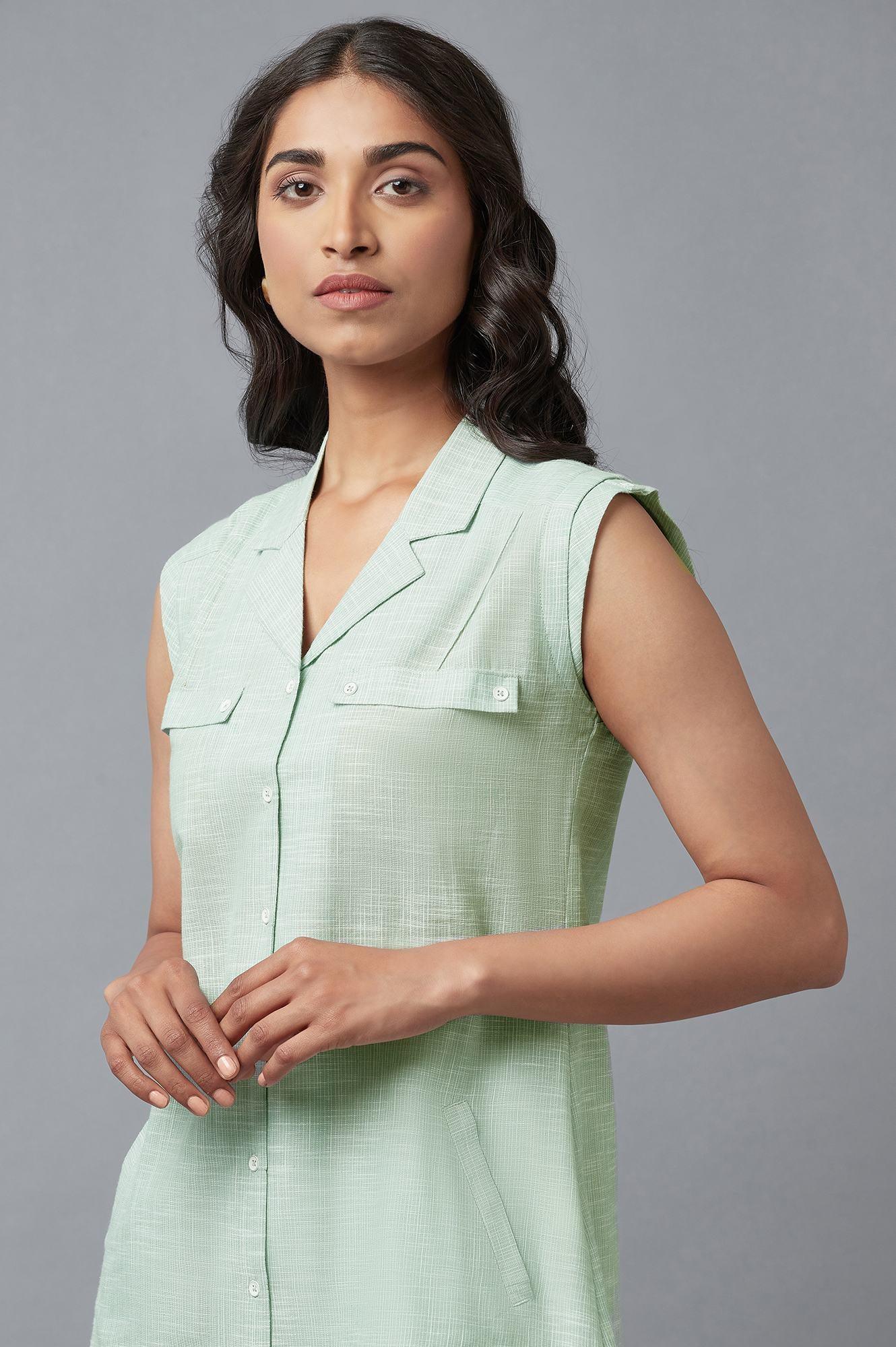Light Green And Ecru Stripe Print Cotton Sleeveless Tunic - Image 6