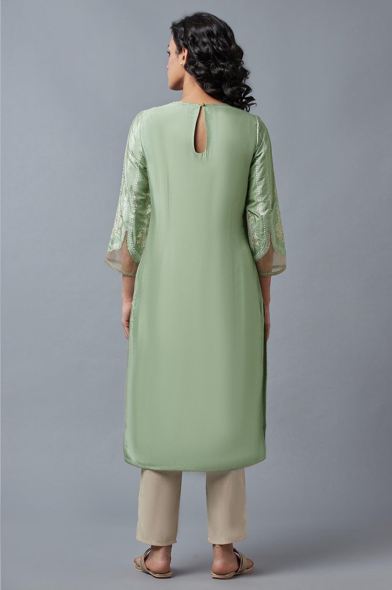 Light Green And Pink Festive kurta With Embroidery - Image 2